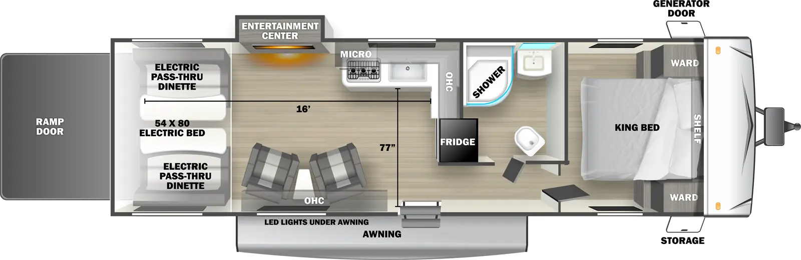 The 2700SLS travel trailer has 1 slide out on the off-door side, 1 entry door and 1 rear ramp door. Exterior features include an awning with LED lights, front door side storage and front off-door side generator door. Interior layout from front to back includes: front bedroom with foot-facing King bed, shelf over the bed, and front corner wardrobes; off-door side bathroom with shower, linen storage, toilet and single sink vanity; off-door side L-shaped kitchen countertop with stovetop, overhead microwave and cabinets, sink, and rear facing refrigerator; 2 door side recliners with end table; off-door side slideout holding an entertainment center; and rear 54 x 80 electric bed over electric pass-through dinette. Cargo length from rear of unit to kitchen countertop is 16 ft. Cargo width from kitchen countertop to door side wall is 77 inches.